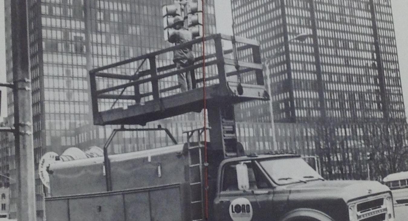 Black and White Photo of Old Lord Construction Truck
